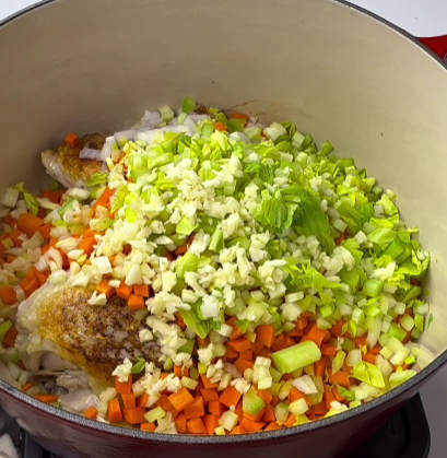 Step 1.1: Add onion, carrots, celery, and garlic