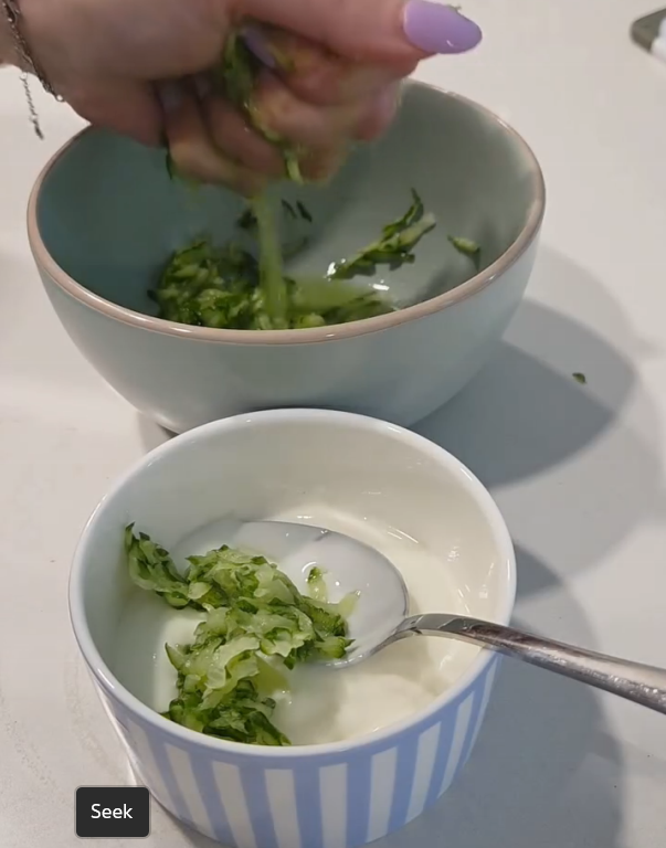Step 1.1: Add the cucumber to a bowl with yogurt, white vinegar, garlic oil, fresh dill, and salt