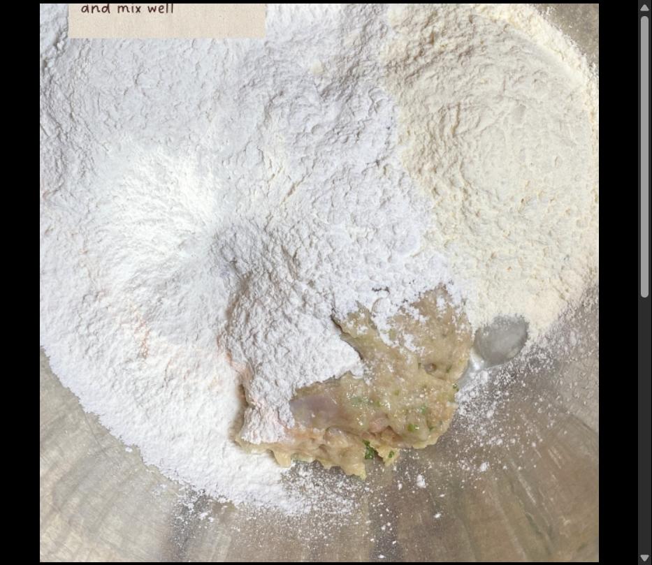 Step 1.1: Transfer the mixture to a bowl, add the tapioca flour and all-purpose flour, and mix well