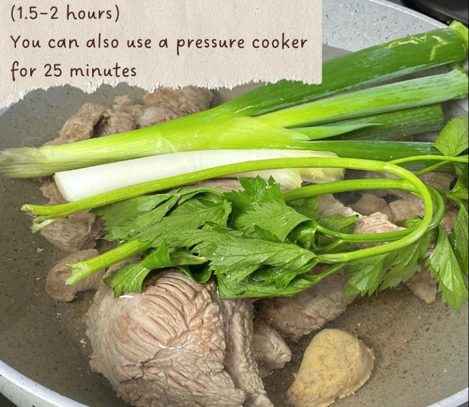 Step 1.1: Boil the beef with green onion, Chinese celery, and water