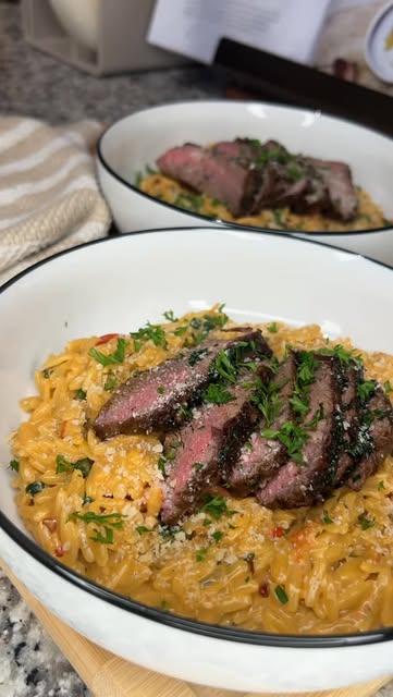 Creamy Tomato Orzo with Seared Steak recipe