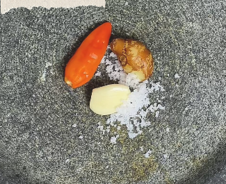Step 1.1: Grind garlic, chili, shrimp paste, aromatic ginger, and salt using a mortar and pestle or blender