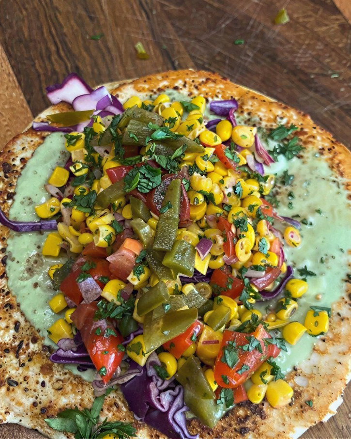 Chipotle Chicken Smashed Pita with Corn Salsa & Green Yoghurt Sauce recipe