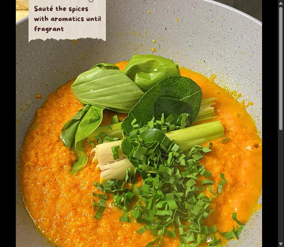 Step 2.1: Saute the spice paste with pandan leaves, lime leaves, lemongrass, and turmeric leaf until fragrant
