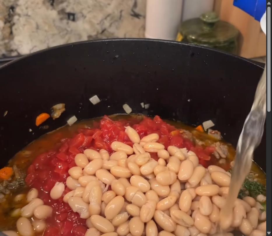 Step 1.1: Mix in basil, parsley, thyme, oregano, salt, pepper, diced tomatoes, cannellini beans, and chicken broth