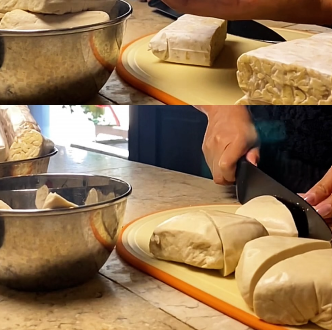 Step 1.1: Cut the tempeh and tofu into thicker slices to ensure they soak up all the flavors