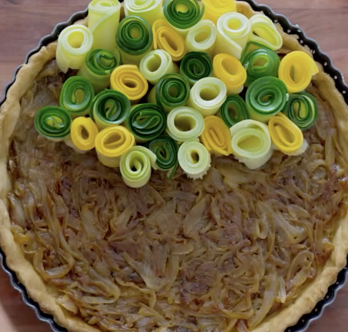 Step 5.1: Grill the tart for 4–5 minutes until the zucchini edges are golden