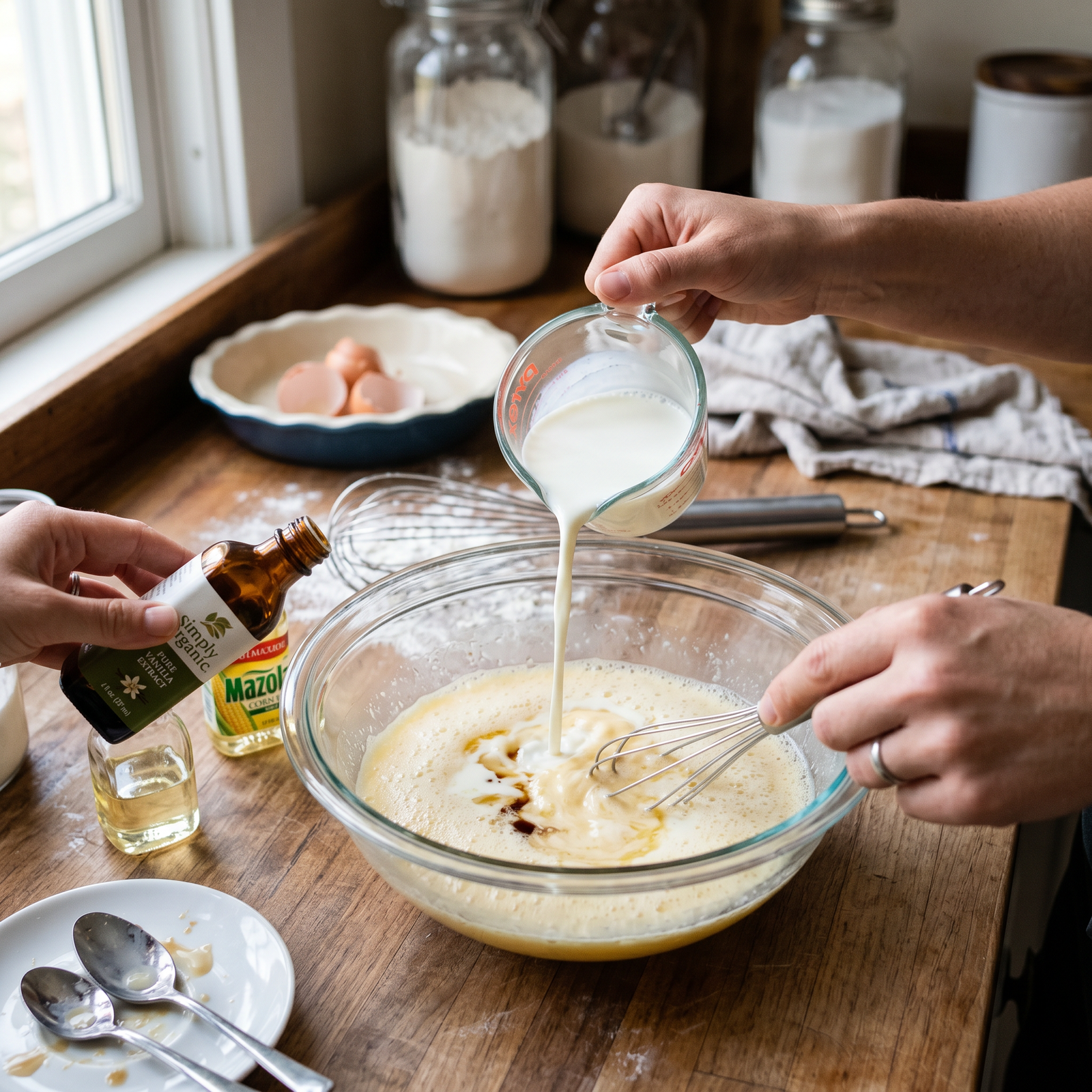 Step 1.1: Add milk, vegetable oil, and vanilla essence to the egg mixture and mix well