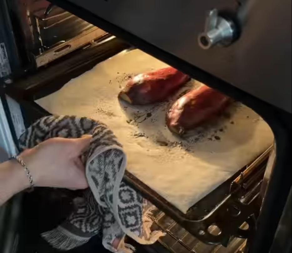 Step 1.1: Place sweet potatoes flat down on a lined baking tray