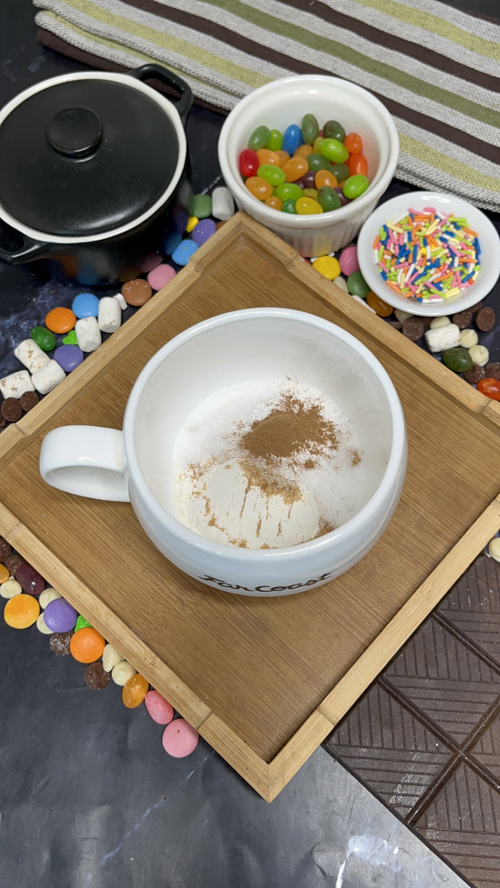 Step 1.1: In a microwave-safe mug, add flour, brown sugar, white sugar, baking powder, salt, and cinnamon