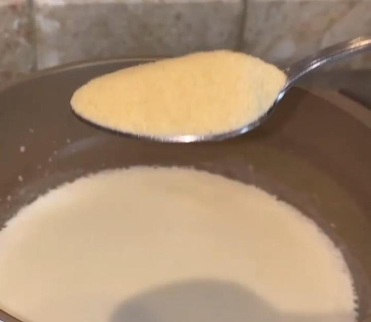 Step 1.1: Add semolina and bring to a boil, stirring until thick