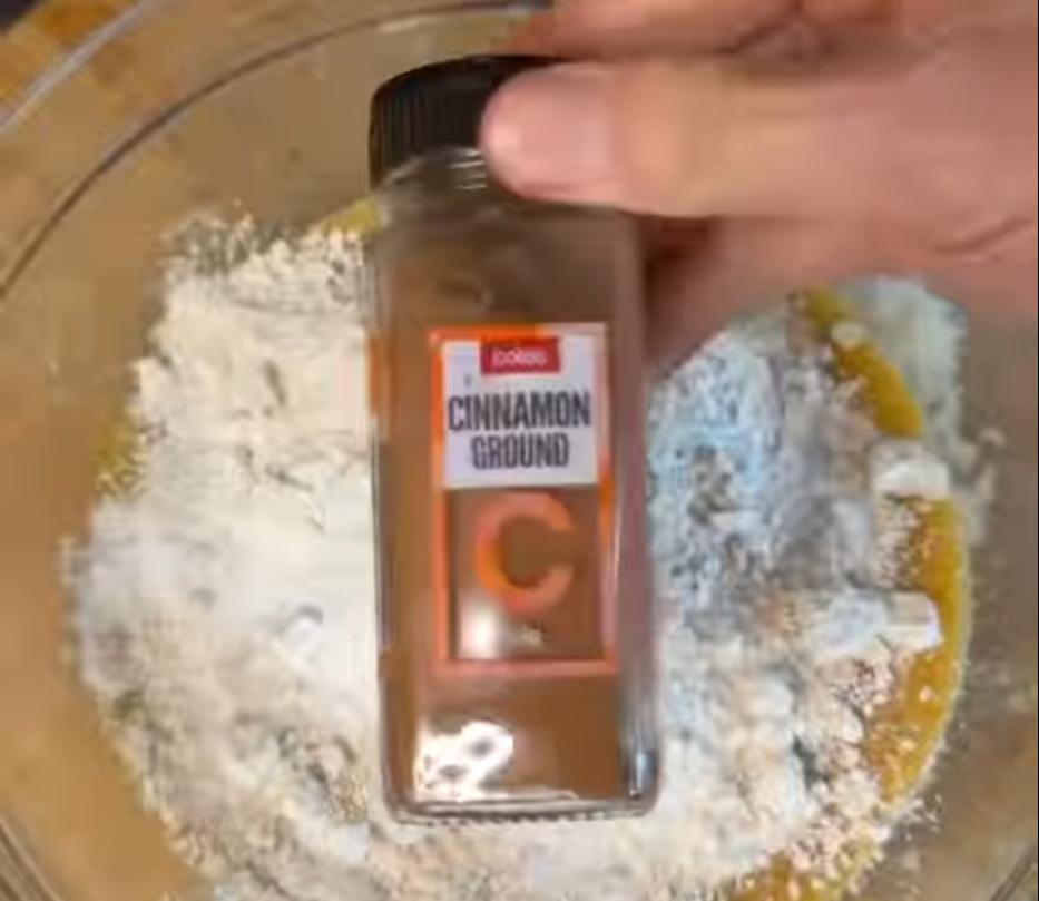 Step 1.1: Fold in oat flour, peanut butter powder, cinnamon, baking powder, baking soda, and salt until just combined