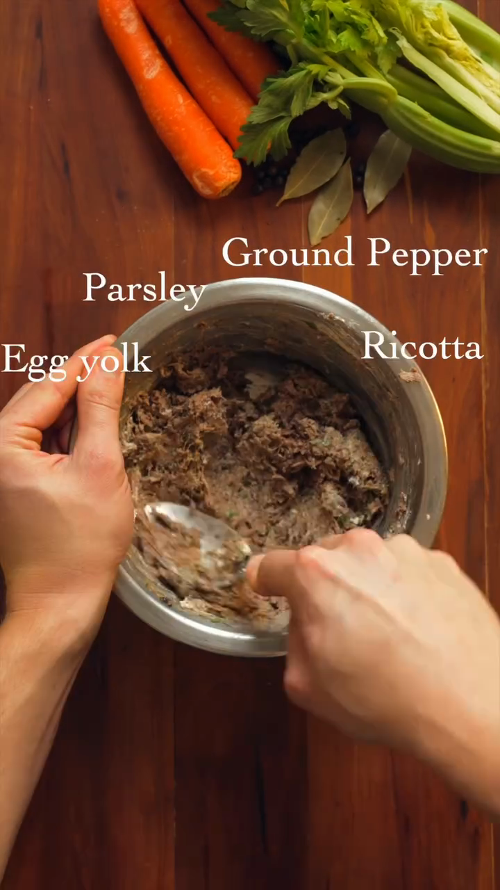 Step 2.1: Mix the shredded beef with ricotta, egg yolk, parsley, parmesan (if using), and black pepper until smooth and well combined