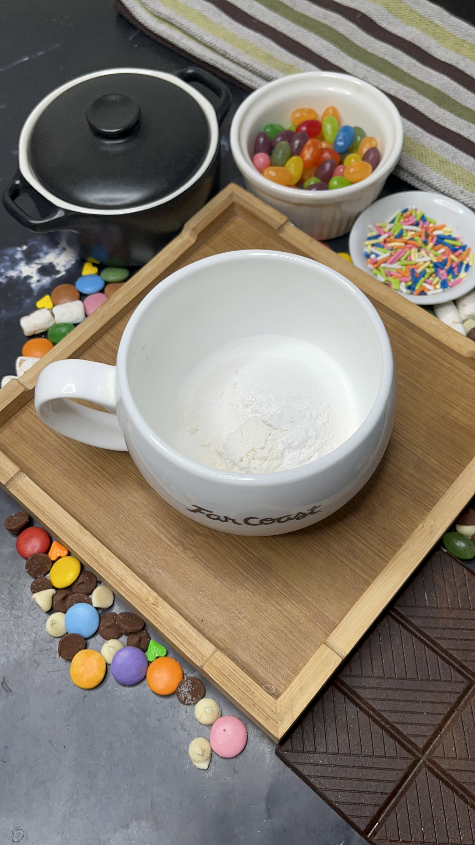 Step 2.1: In a microwave-safe mug, add flour, sugar, baking powder, and salt