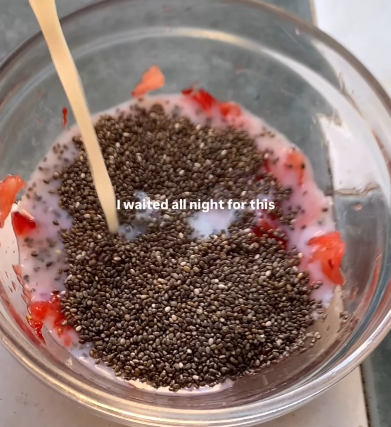 Step 1.1: Mix 1 strawberry, 1 tbsp chia seeds, and milk together