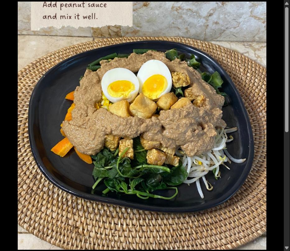 Step 3.1: Arrange the steamed vegetables, fried tofu, fried tempeh, and boiled eggs on a plate