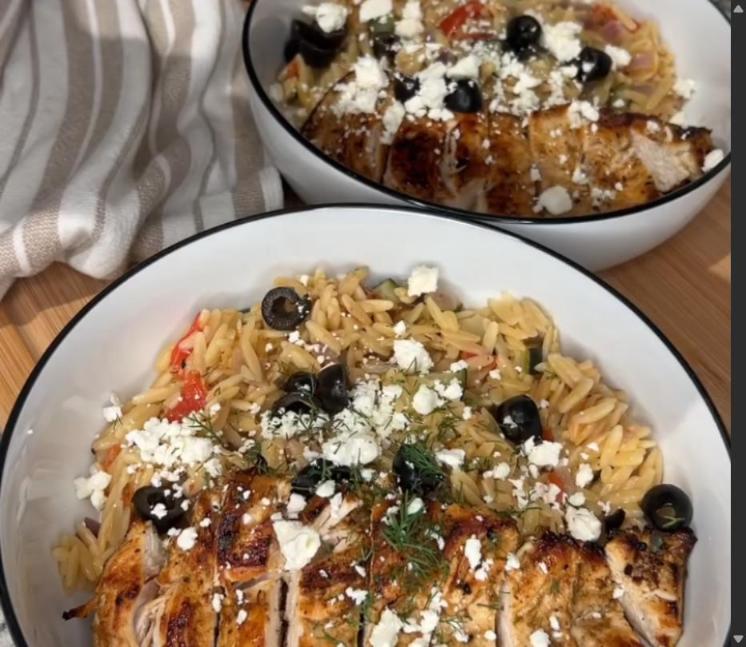Step 4.1: Top the orzo with black olives, feta cheese, and fresh dill before serving