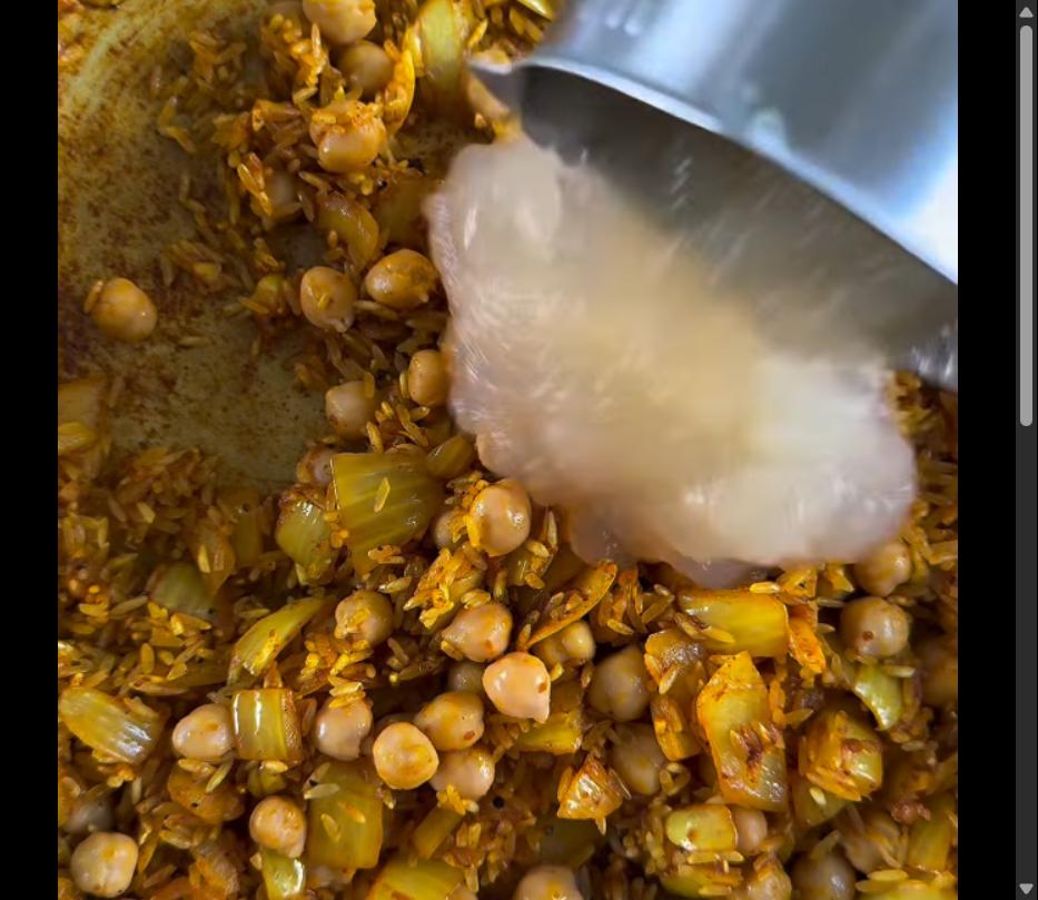 Step 1.1: Add rice, chickpeas, and chicken stock or bone broth to the pot