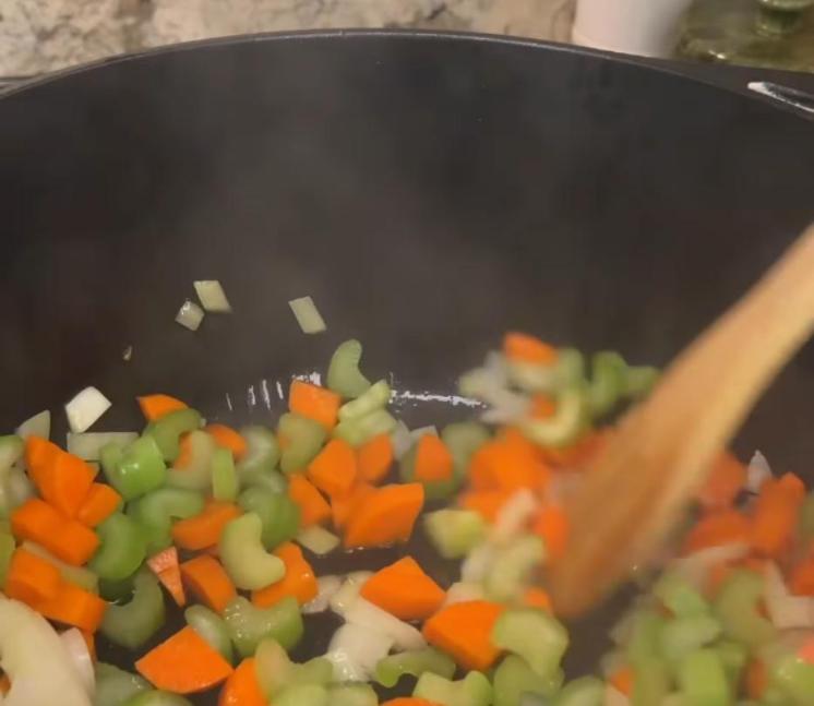 Step 1.1: Heat olive oil in a large pot or Dutch oven and sauté onion, carrots, celery, and garlic until fragrant