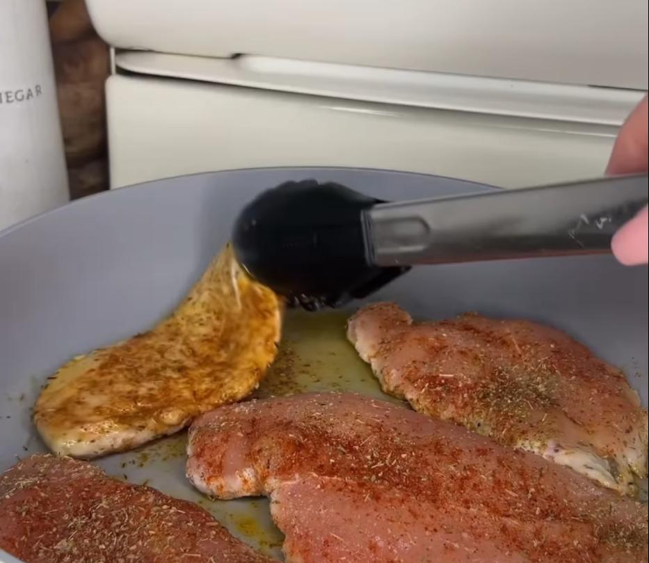 Step 1.1: Heat olive oil in a sauté pan and cook chicken on both sides until internal temp reaches 165°F