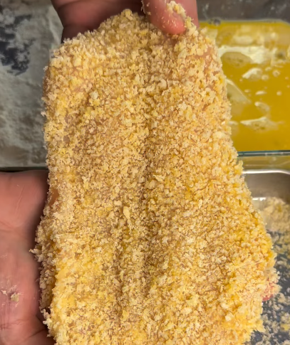 Step 1.1: Coat the chicken in flour, then egg, then press into the panko, making sure it’s fully coated