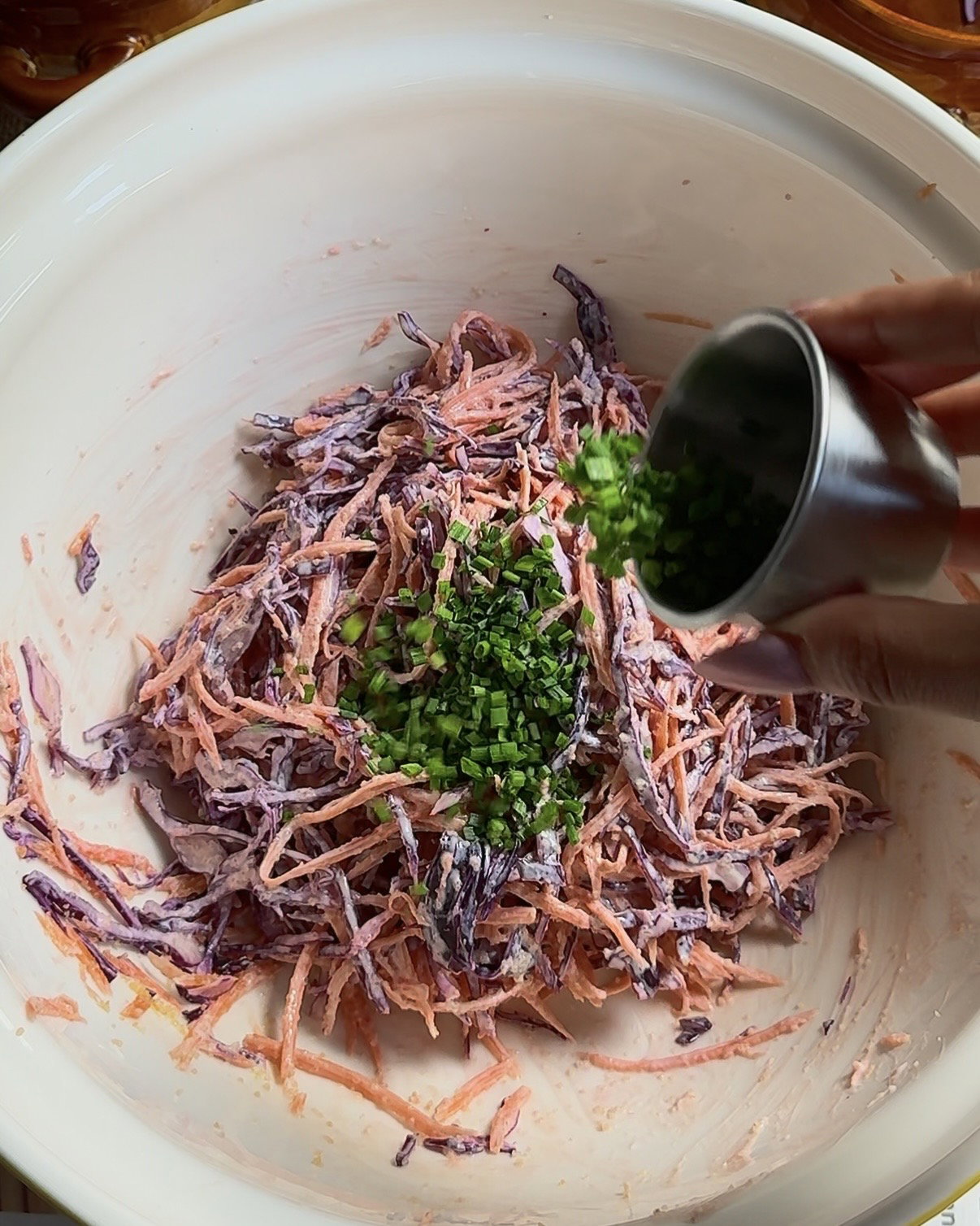 Step 2.5: Mix purple cabbage, carrots, sour cream, garlic granules, chives, and salt in a bowl until combined