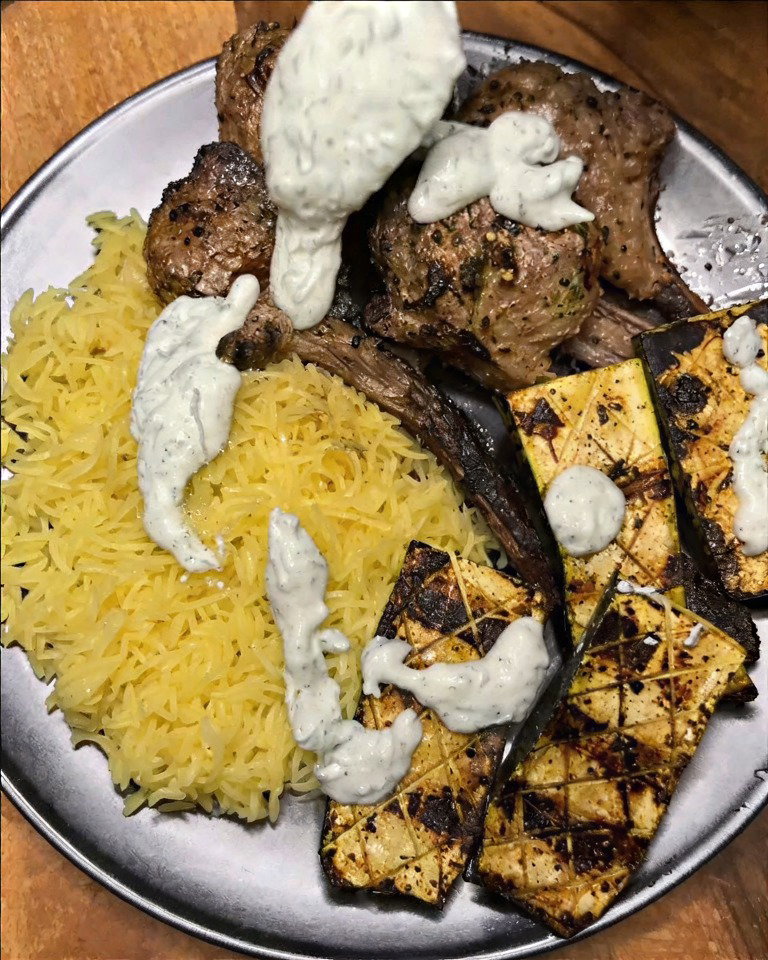 Greek-Style Lamb Cutlets with Char-Grilled Zucchini, Herby Rice & Garlic Yoghurt Sauce recipe