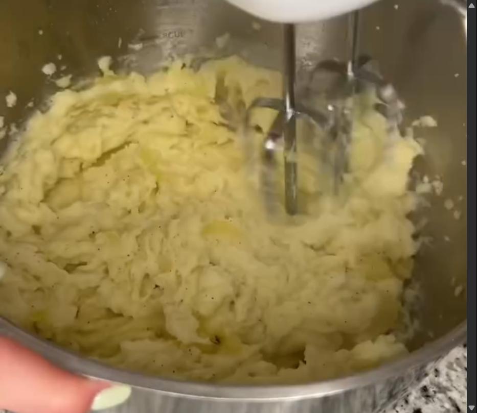 Step 1.1: Mix in heavy cream, salt, and pepper, then blend with a hand mixer until smooth