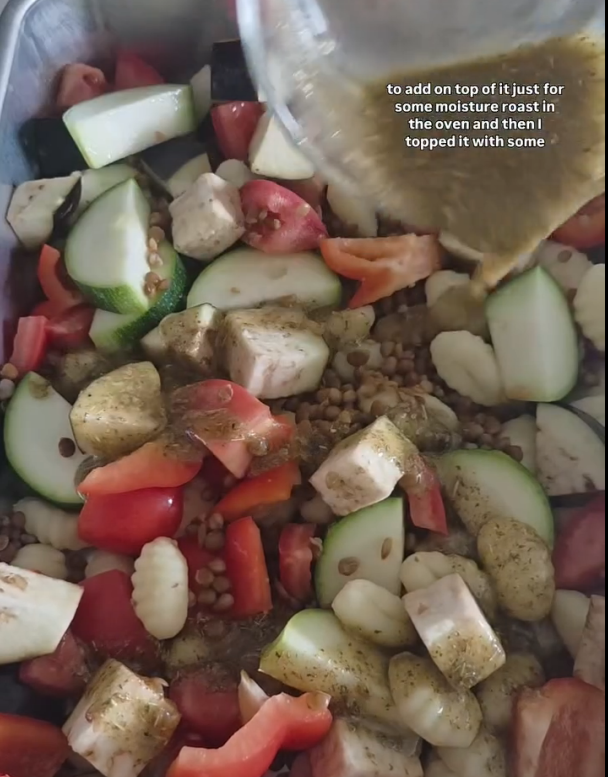 Step 1.1: Add the Gnocchi and vegetables to a sheet pan and drizzle with the dressing