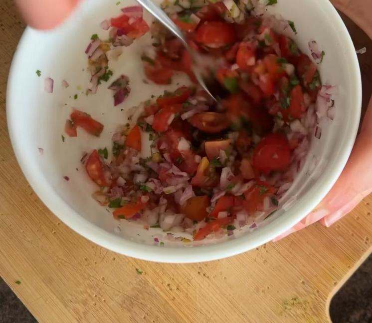 Step 1.1: Dice the cherry tomatoes and red onion, and finely chop the coriander for the pico de gallo