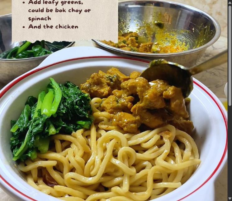 Step 4.1: Add the noodles, leafy greens, and cooked chicken to the bowl