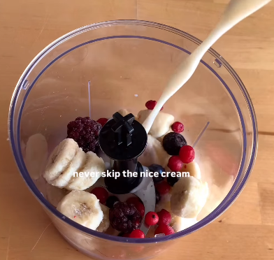Step 1.1: Blend frozen bananas with frozen berries and a splash of milk until thick and creamy