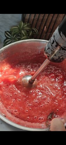 Step 1.1: Remove the pan from the flame and mash the mixture using a hand blender